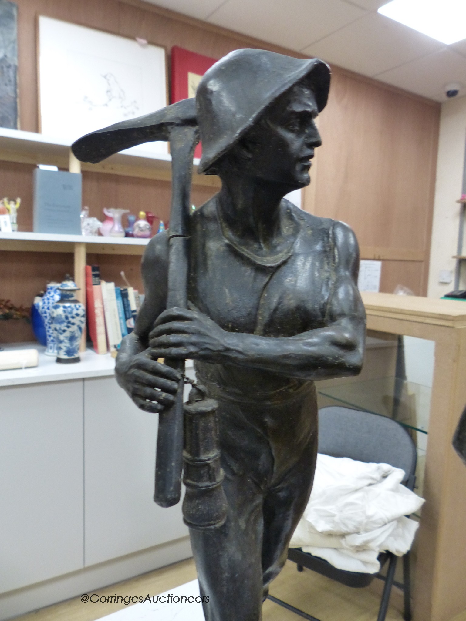 A pair of spelter figures of miners, in memory of Six Bells Colliery disaster, 51cm high